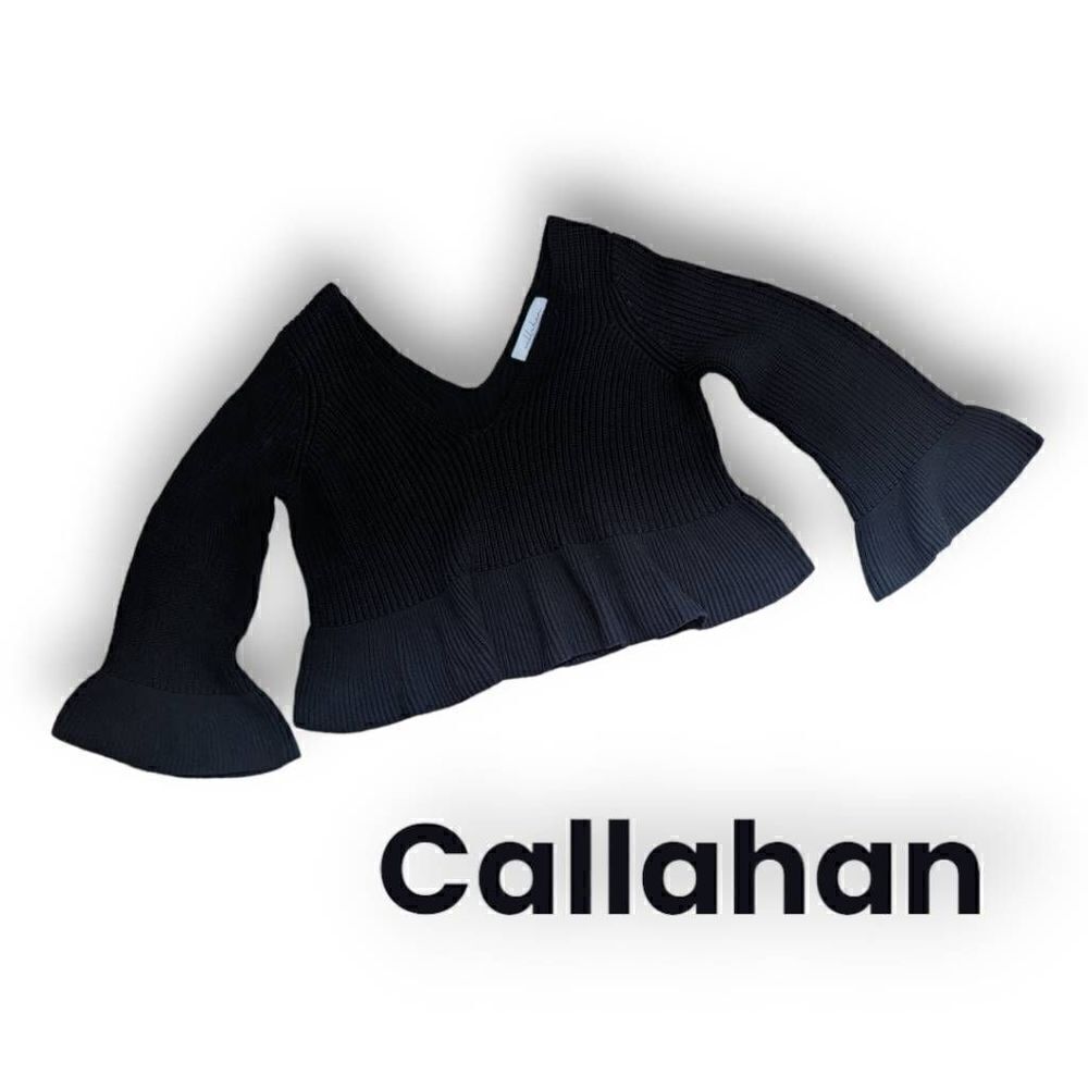 Callahan Women's Black Knitted Flared Cropped Long Sleeve V-Neck Sweater Size XS